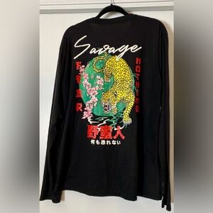 Fresh Laundry Savage Fear Nothing Long Sleeve Black Tee Shirt Leopard Graphic XL